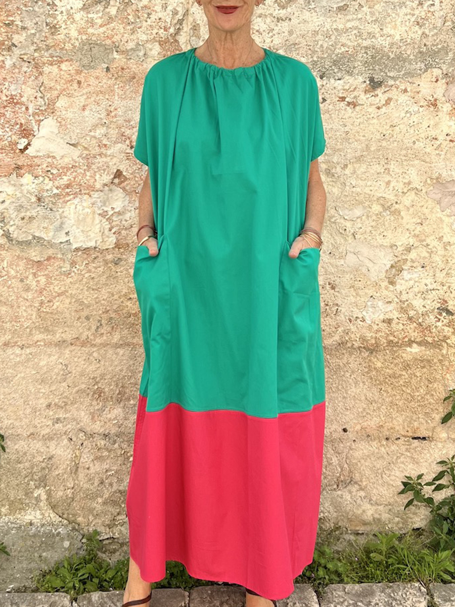 Colorblock Straight Loose Pocket Linen Dress