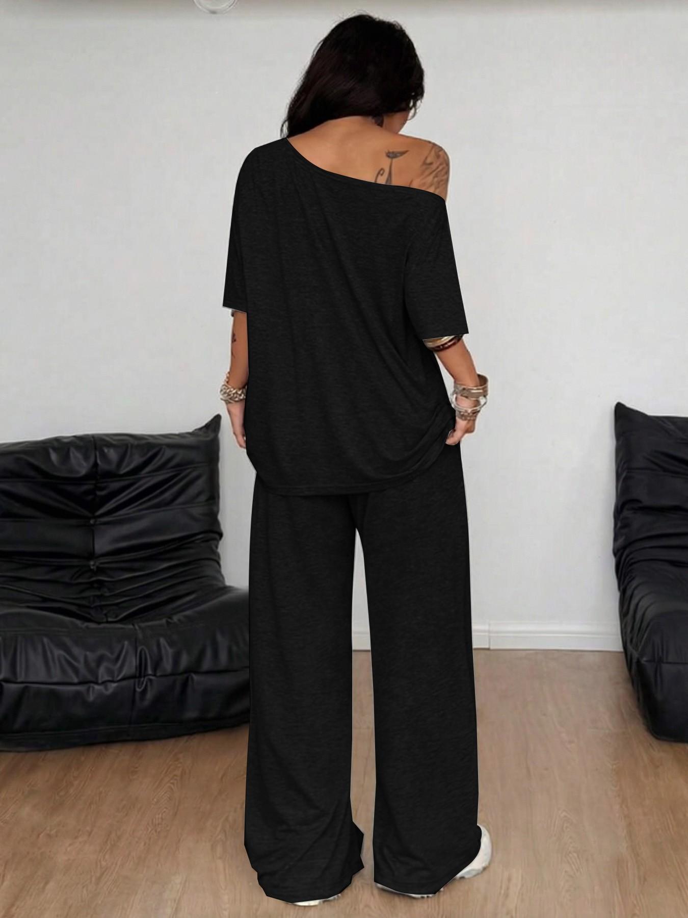 2026 Sexy off Shoulder Two Piece Set, Oversized Top & High Waist Wide Leg Pants, Summer Y2K Fashion Trend Streetwear, Lengthen Legs
