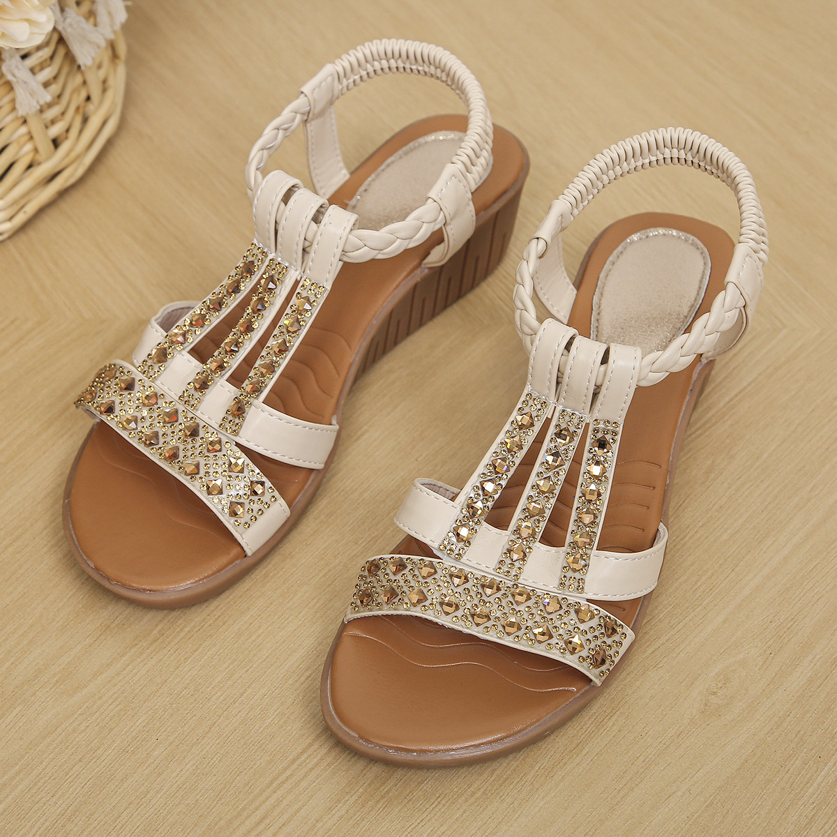 Sparkly Rhinestone Wedge Sandals with Arch Support & Easy Slip-On Fit