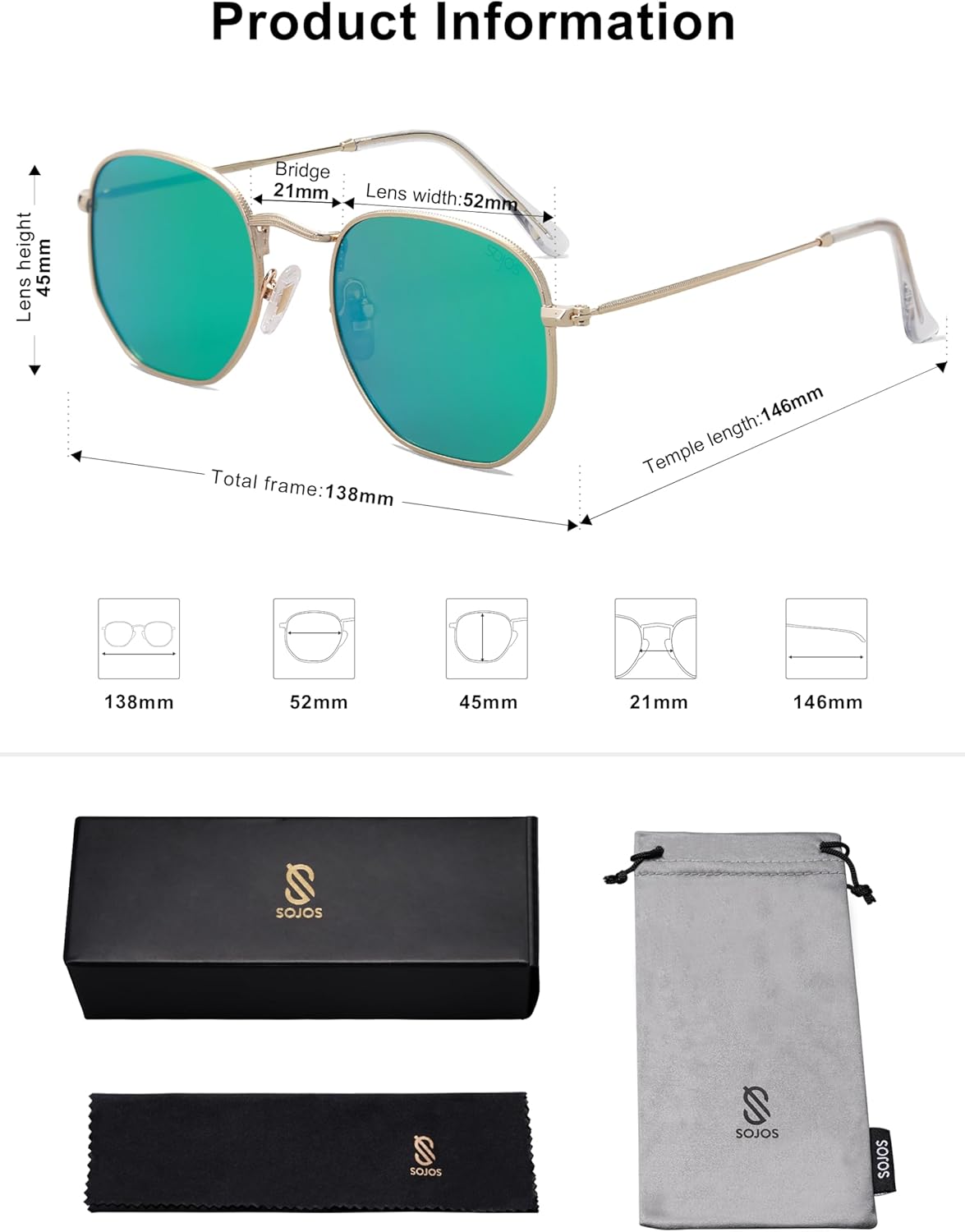 SOJOS Square Polarized Sunglasses for Women Men Small Hexagonal Polygon Shades SJ1072