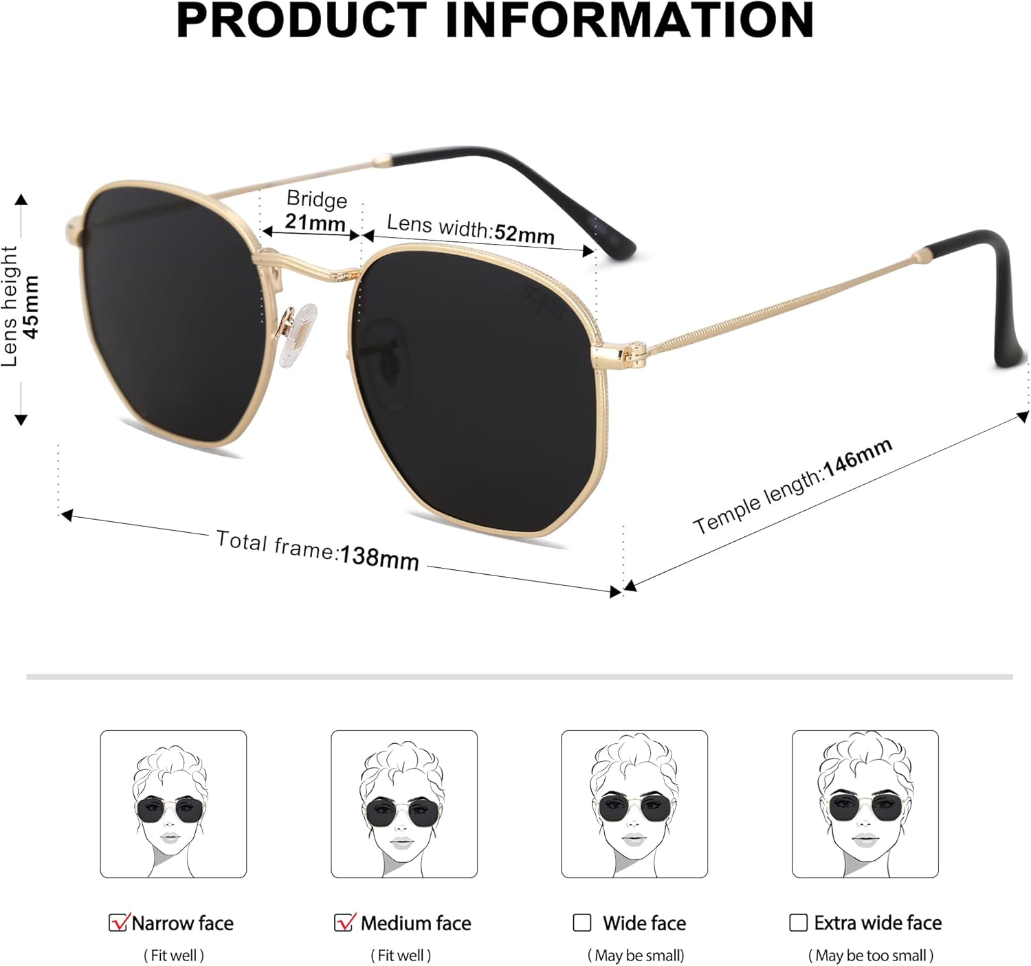 SOJOS Square Polarized Sunglasses for Women Men Small Hexagonal Polygon Shades SJ1072