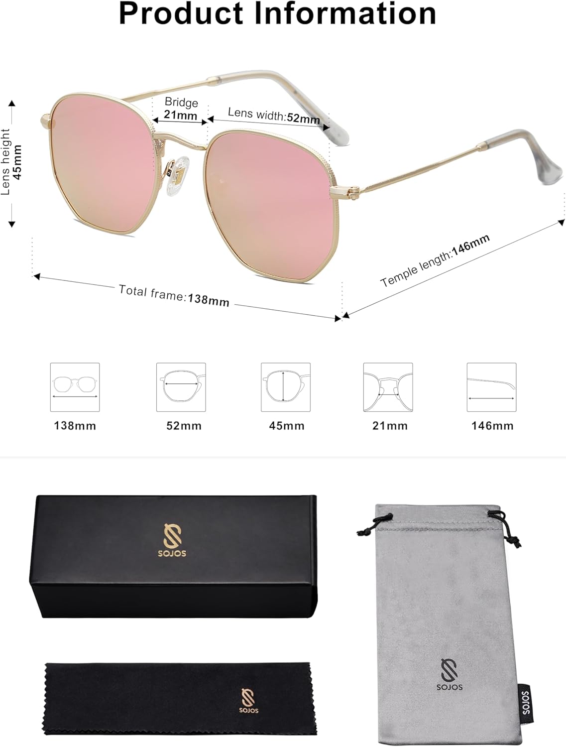 SOJOS Square Polarized Sunglasses for Women Men Small Hexagonal Polygon Shades SJ1072