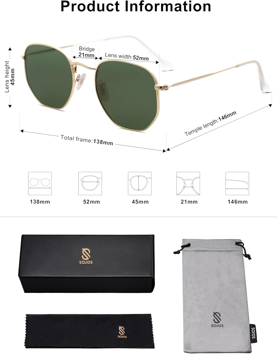 SOJOS Square Polarized Sunglasses for Women Men Small Hexagonal Polygon Shades SJ1072