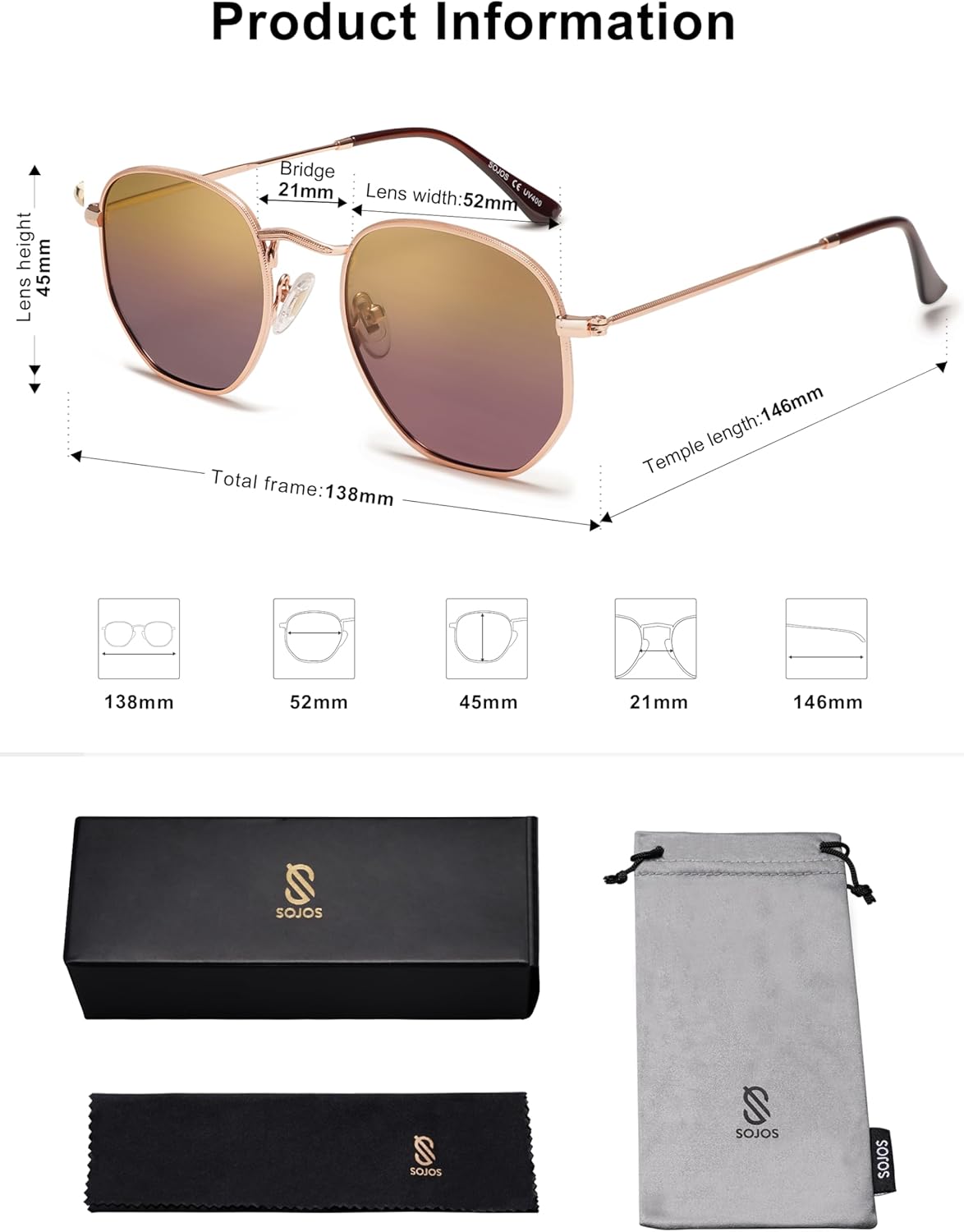 SOJOS Square Polarized Sunglasses for Women Men Small Hexagonal Polygon Shades SJ1072