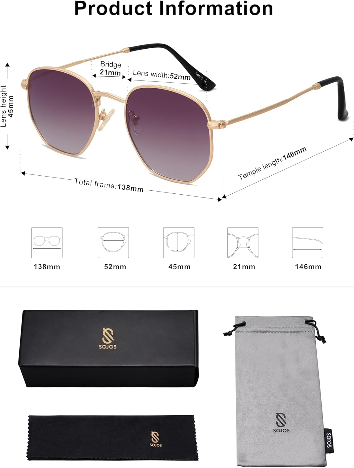 SOJOS Square Polarized Sunglasses for Women Men Small Hexagonal Polygon Shades SJ1072