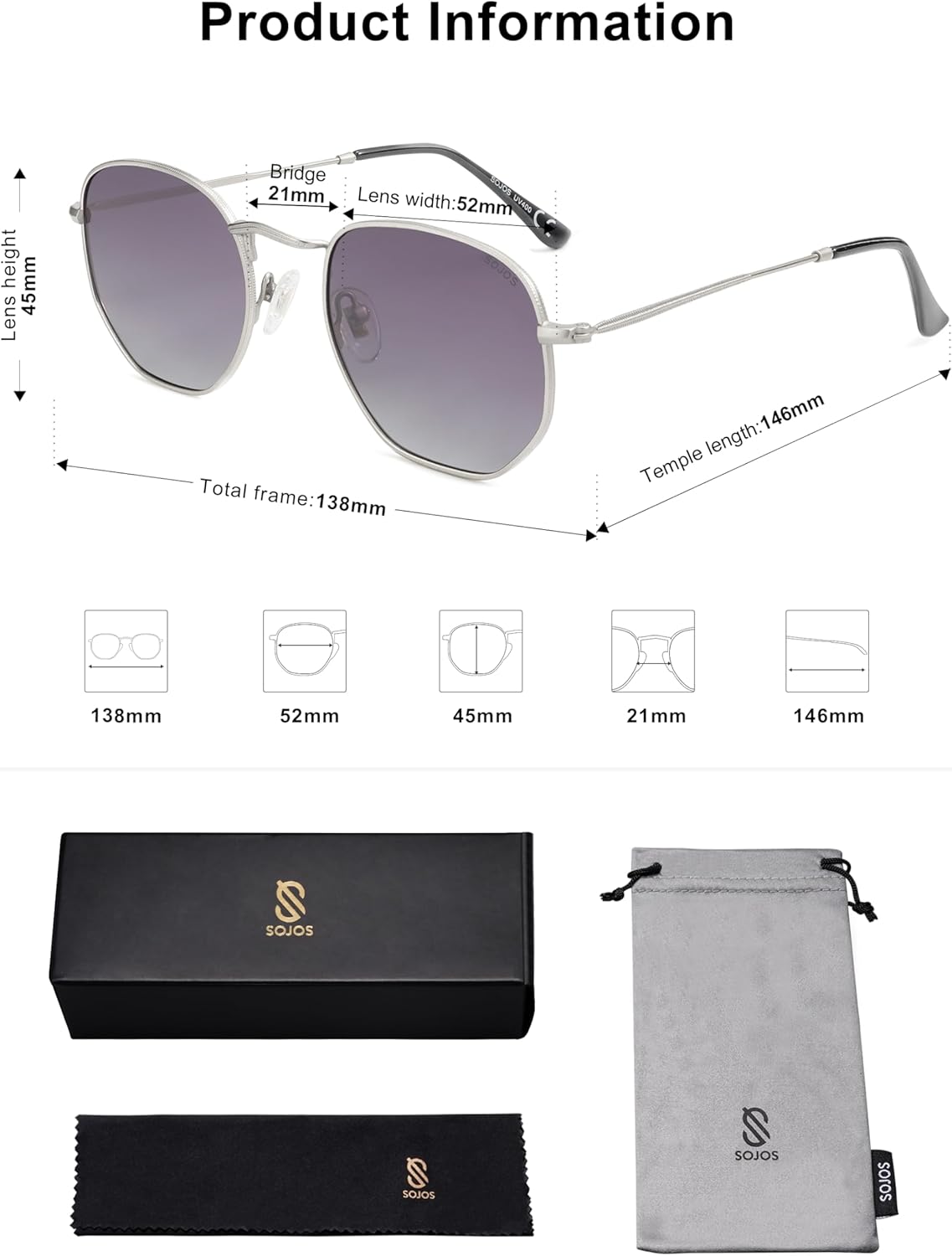 SOJOS Square Polarized Sunglasses for Women Men Small Hexagonal Polygon Shades SJ1072