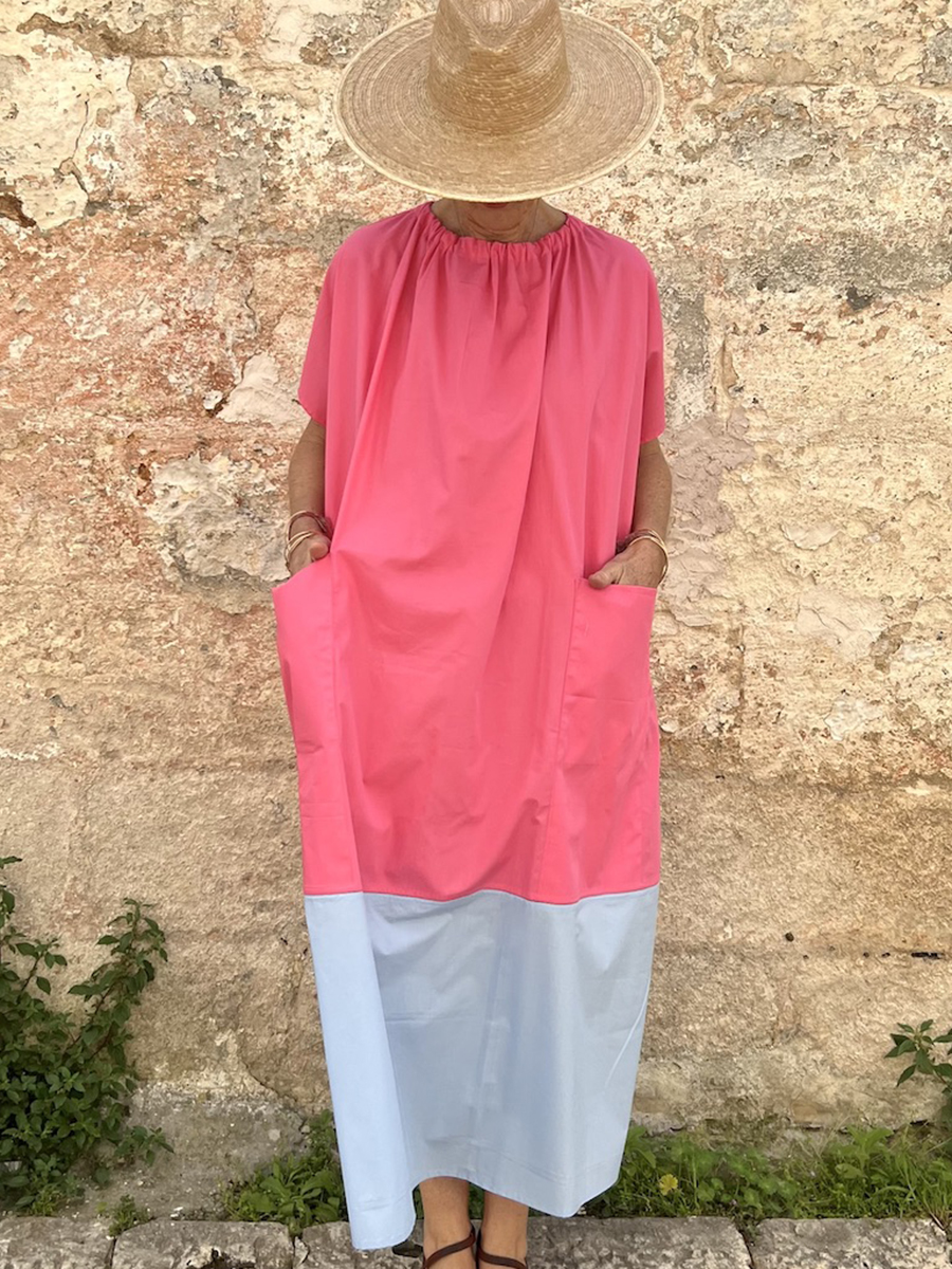 Colorblock Straight Loose Pocket Linen Dress