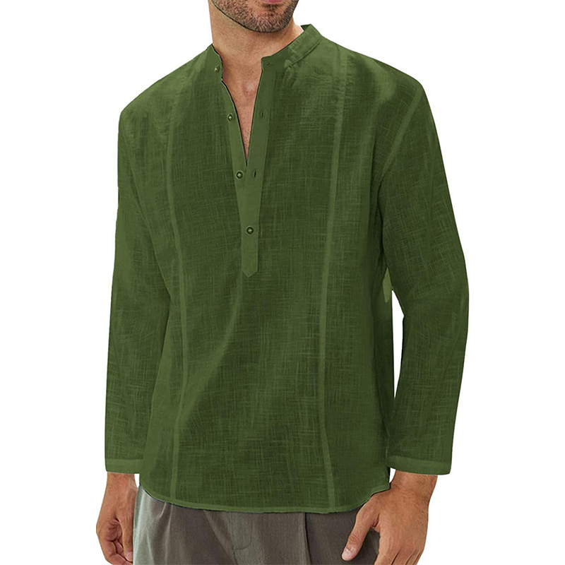 Men's Solid Color Stand Collar Shirt Long Sleeve Comfortable Casual