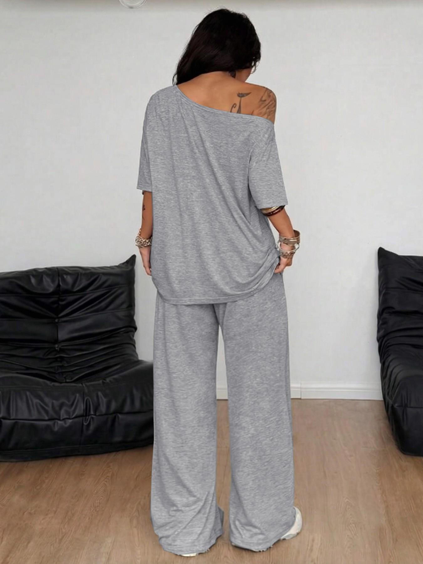 2026 Sexy off Shoulder Two Piece Set, Oversized Top & High Waist Wide Leg Pants, Summer Y2K Fashion Trend Streetwear, Lengthen Legs