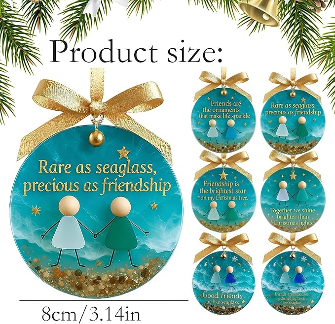 Friendship Sea Glass Christmas Ornament, Ocean Style Timeless Friendship Christmas Bells Flake Keepsake, Shaped by Nature & Crafted by Hand Acrylic Sea Glass Art for Friends