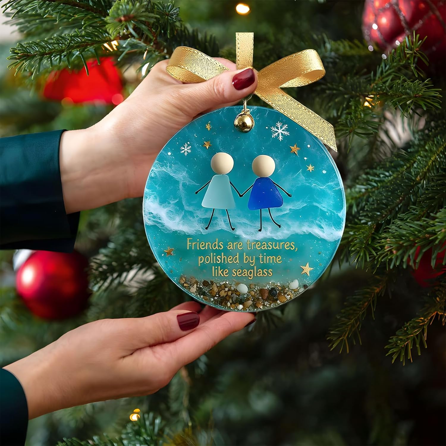 Friendship Sea Glass Christmas Ornament, Ocean Style Timeless Friendship Christmas Bells Flake Keepsake, Shaped by Nature & Crafted by Hand Acrylic Sea Glass Art for Friends