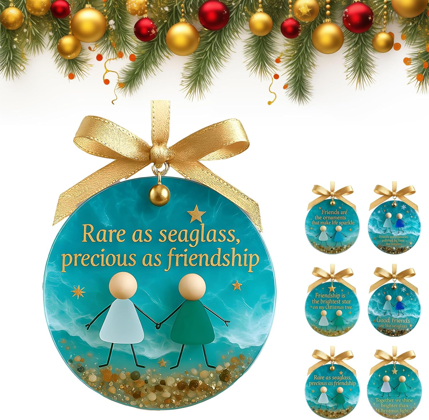 Friendship Sea Glass Christmas Ornament, Ocean Style Timeless Friendship Christmas Bells Flake Keepsake, Shaped by Nature & Crafted by Hand Acrylic Sea Glass Art for Friends