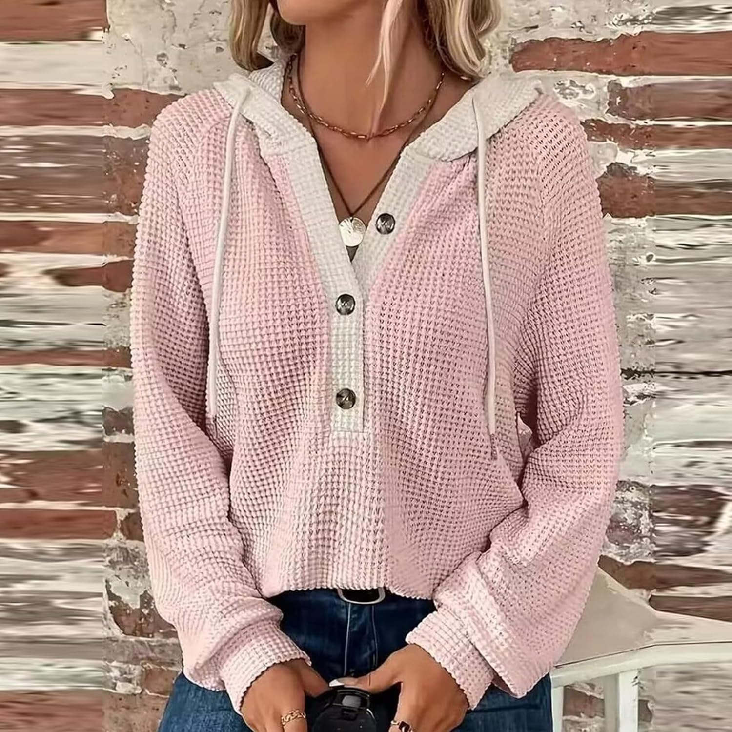 Women's Waffle Knit Drawstring Button Long Sleeve Hoodie