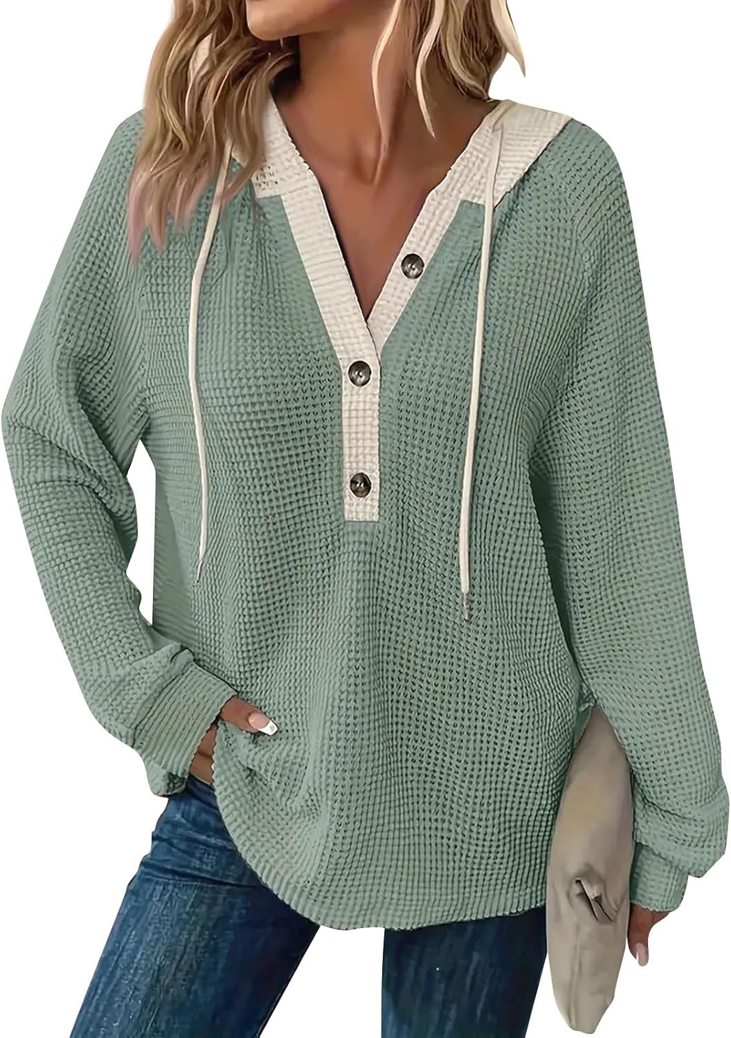 Women's Waffle Knit Drawstring Button Long Sleeve Hoodie