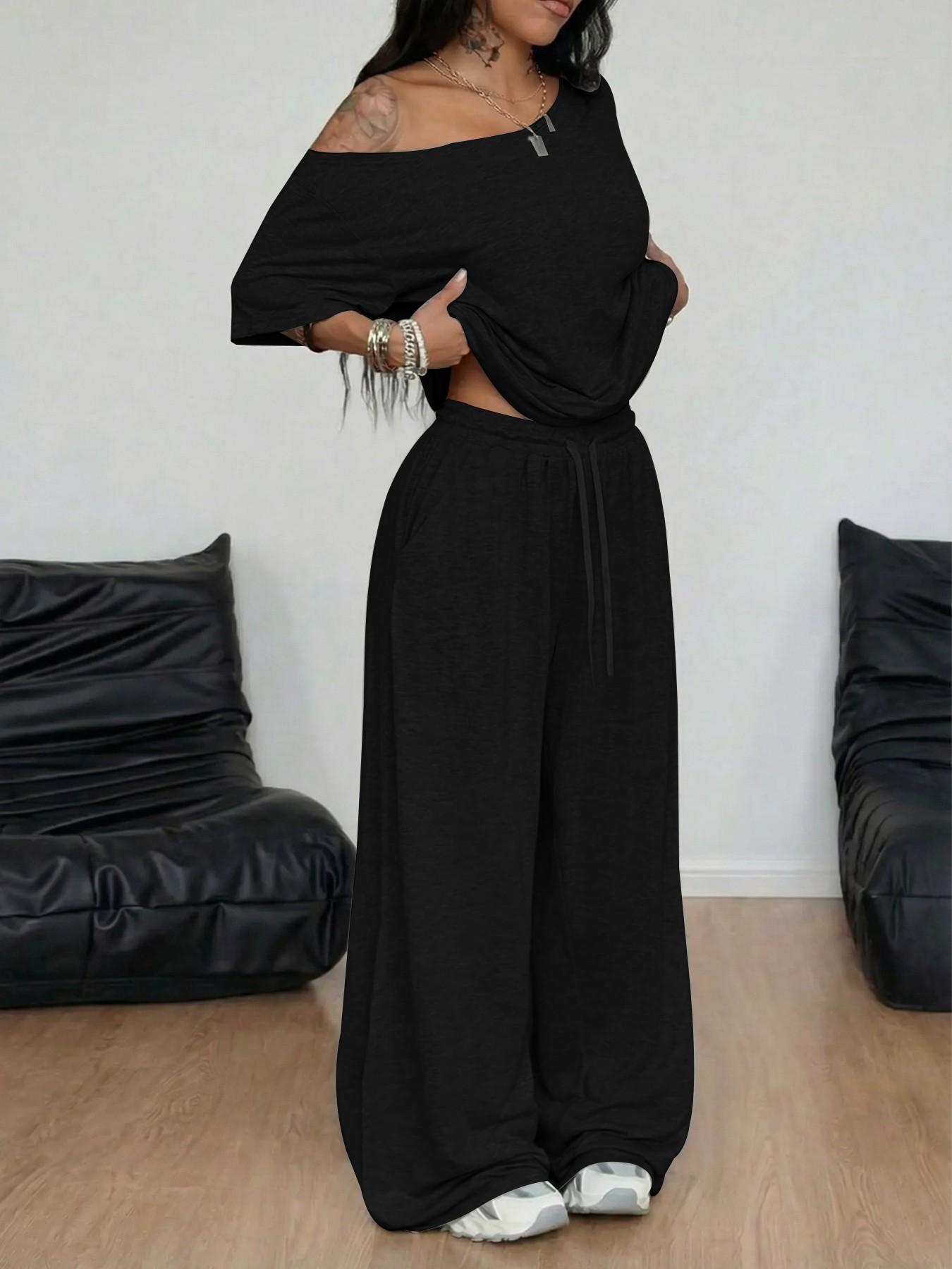 2026 Sexy off Shoulder Two Piece Set, Oversized Top & High Waist Wide Leg Pants, Summer Y2K Fashion Trend Streetwear, Lengthen Legs