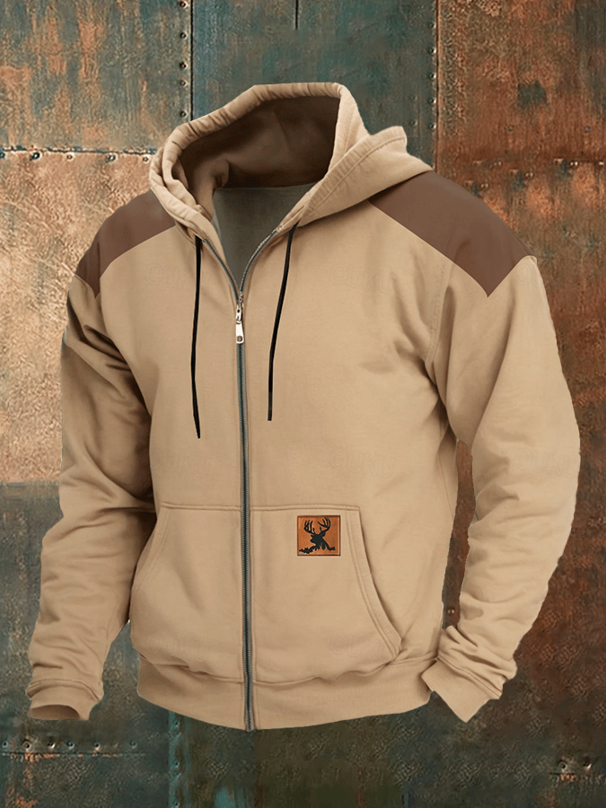 Men's Vintage Western Elk Print Zip-Up Hooded Jacket