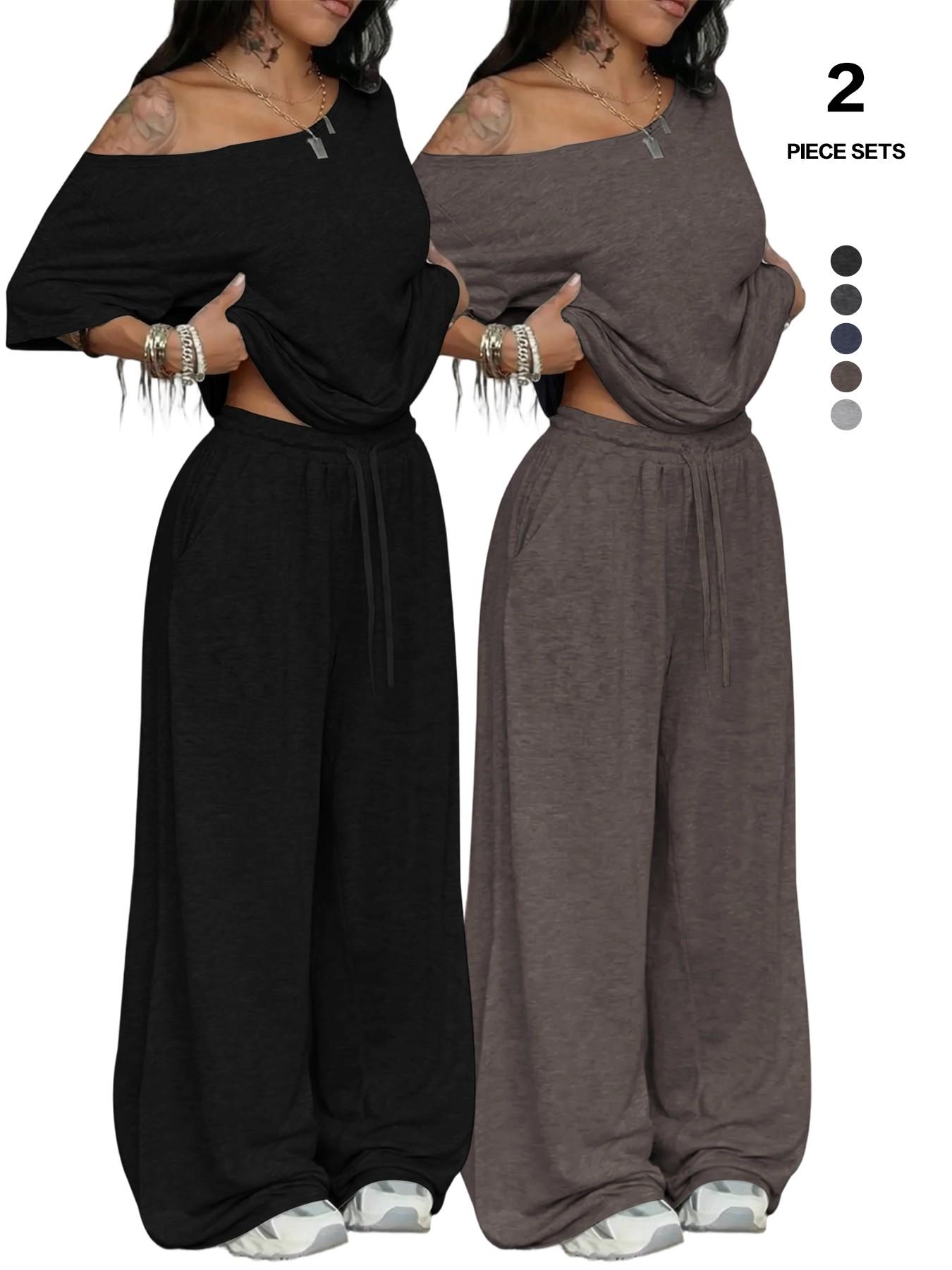 2026 Sexy off Shoulder Two Piece Set, Oversized Top & High Waist Wide Leg Pants, Summer Y2K Fashion Trend Streetwear, Lengthen Legs