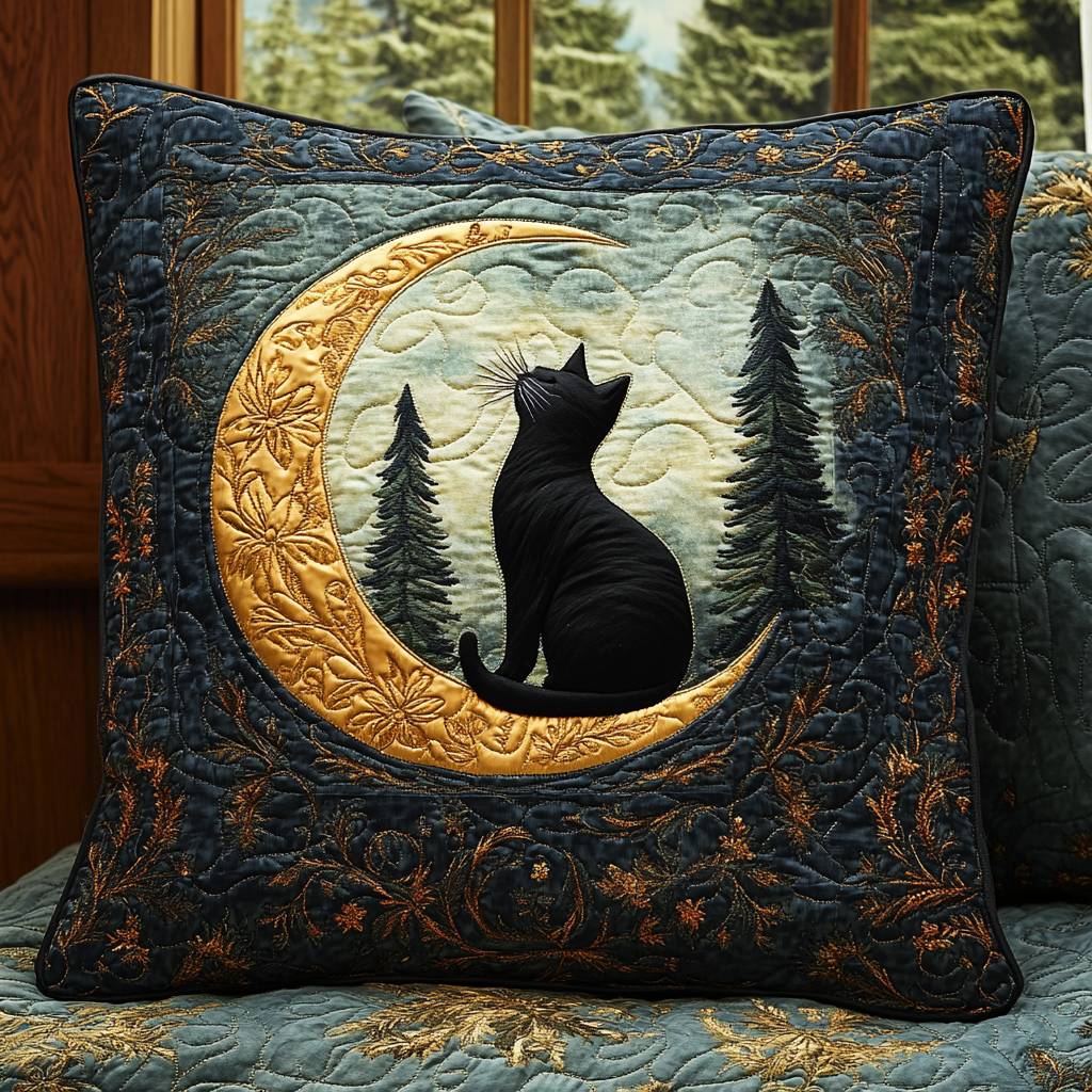 Black Cat Moon Quilted Pillow Case NCU0DV5862