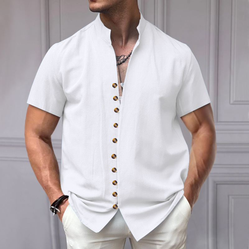 Men's Vintage Linen Button-Down Stand Collar Short Sleeve Shirt