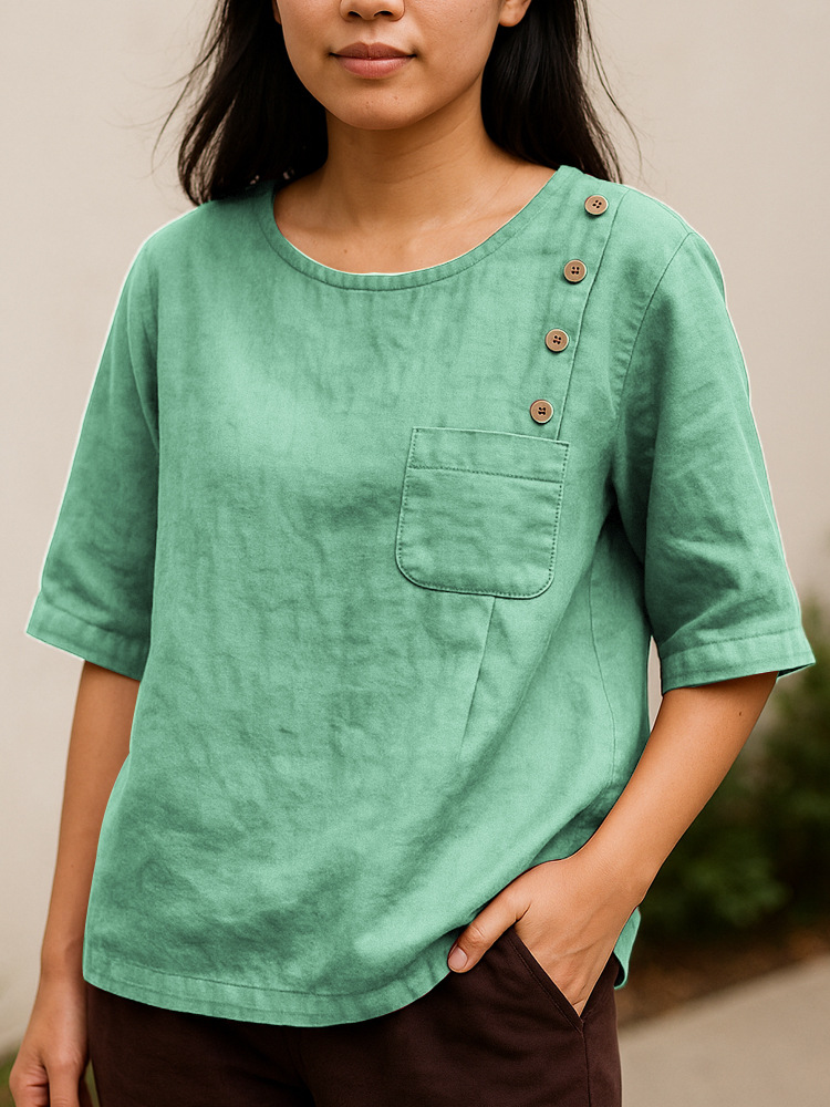Fashionable cotton and linen women's button-down shirt