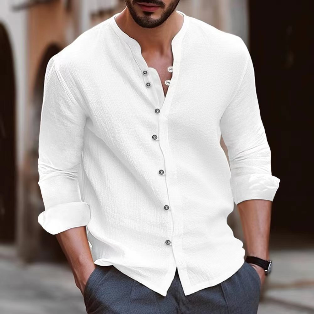 Men's Cotton and Linen Casual Button Long Sleeve Shirt