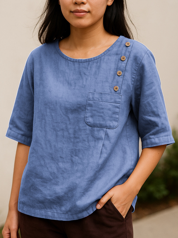 Fashionable cotton and linen women's button-down shirt