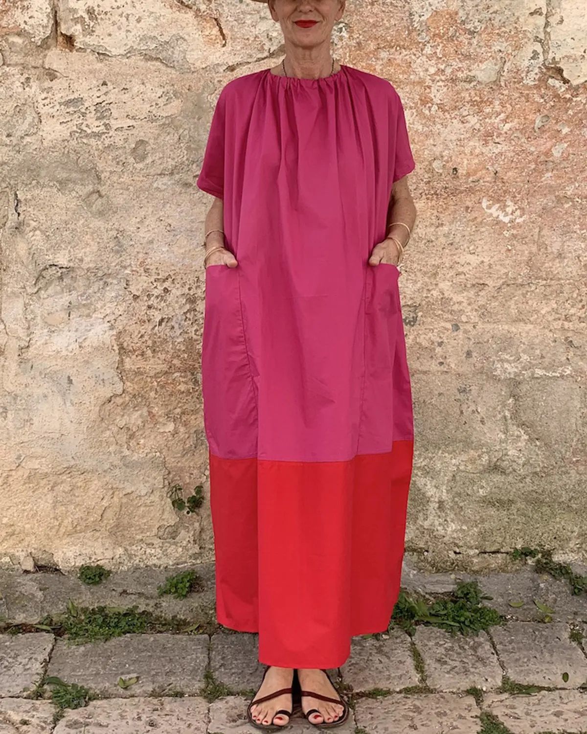 Colorblock Straight Loose Pocket Linen Dress