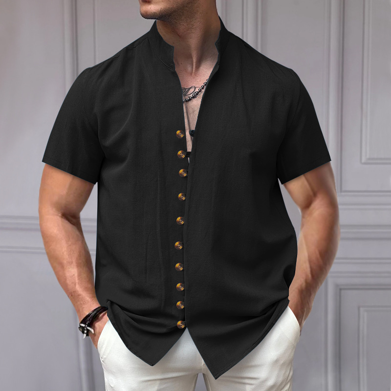 Men's Vintage Linen Button-Down Stand Collar Short Sleeve Shirt