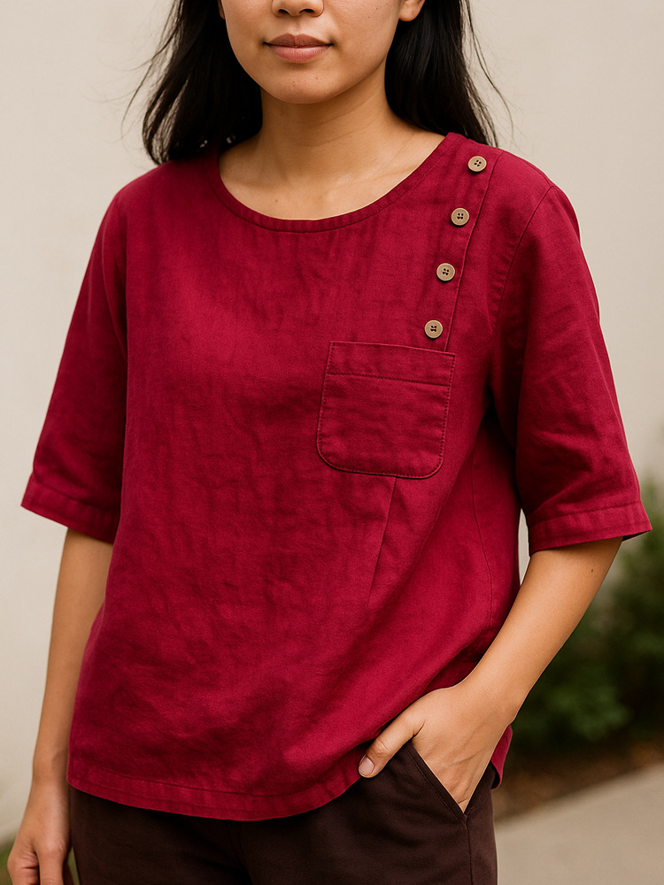 Fashionable cotton and linen women's button-down shirt