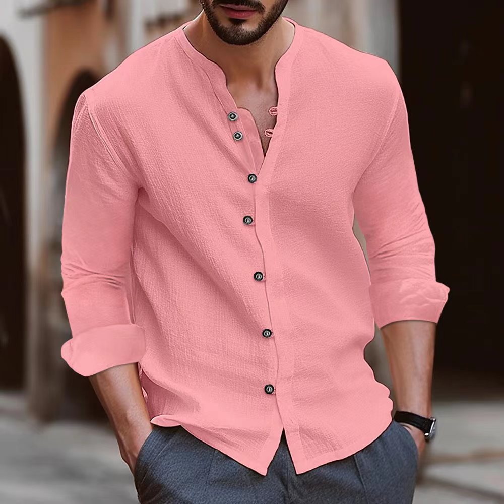 Men's Cotton and Linen Casual Button Long Sleeve Shirt