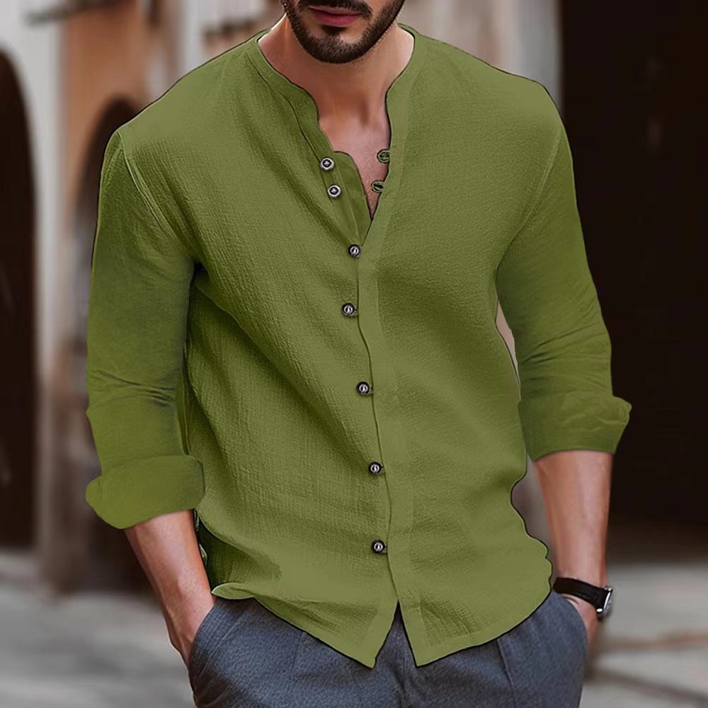 Men's Cotton and Linen Casual Button Long Sleeve Shirt