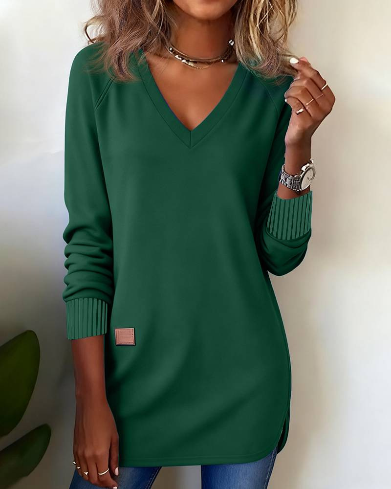 Women's Long-Sleeve V-Neck Solid-Color Knit Hoodie