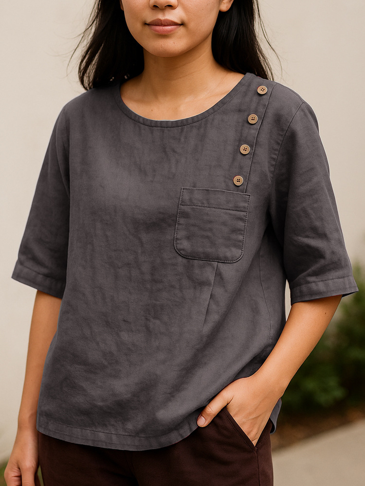 Fashionable cotton and linen women's button-down shirt