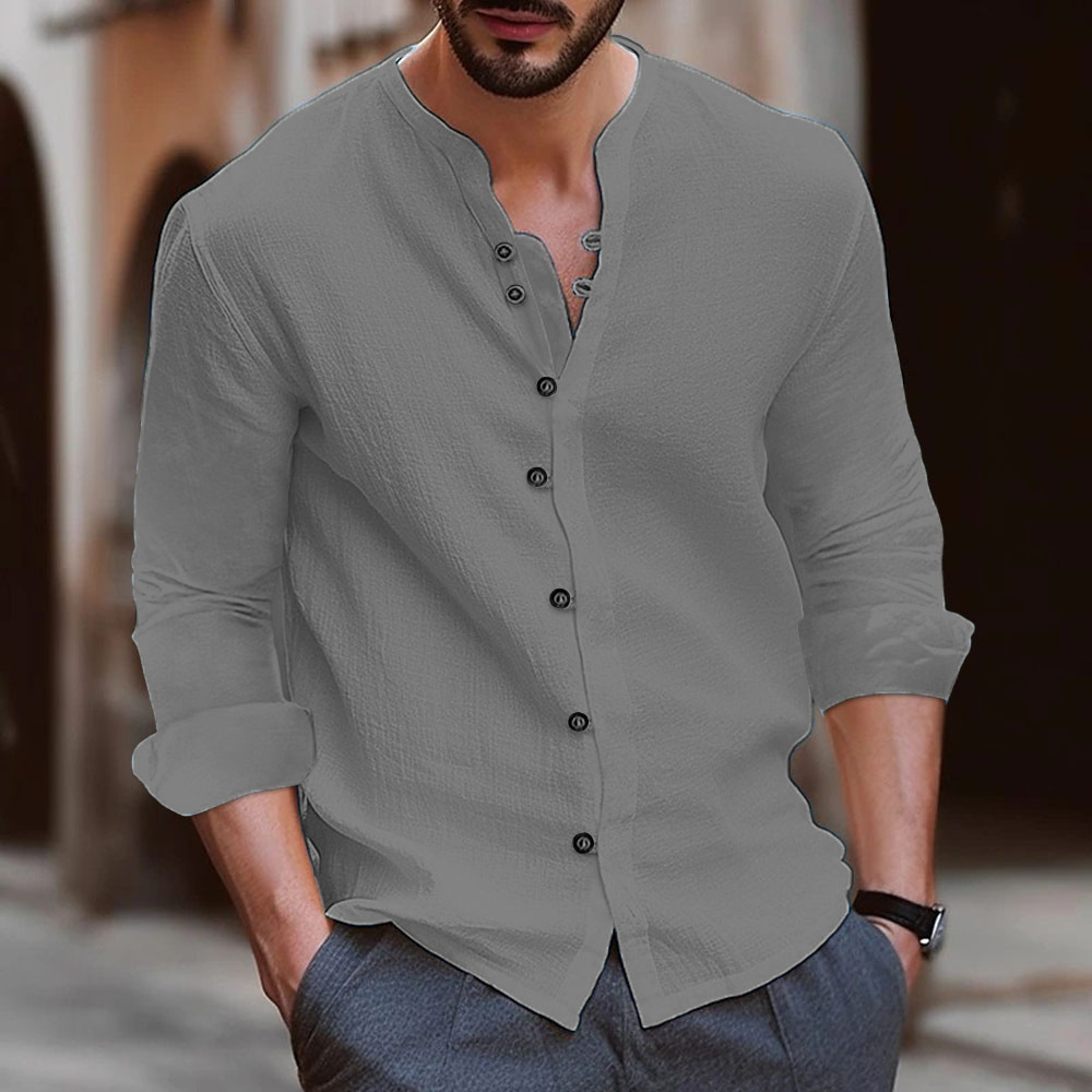 Men's Cotton and Linen Casual Button Long Sleeve Shirt