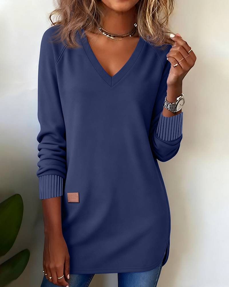 Women's Long-Sleeve V-Neck Solid-Color Knit Hoodie