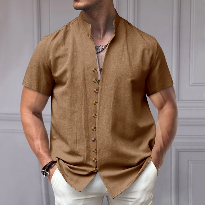 Men's Vintage Linen Button-Down Stand Collar Short Sleeve Shirt