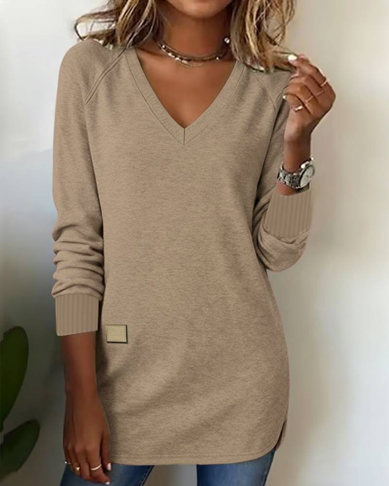 Women's Long-Sleeve V-Neck Solid-Color Knit Hoodie