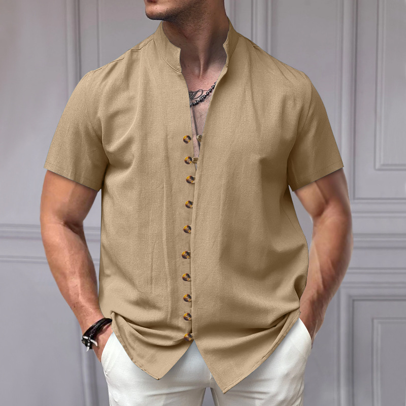 Men's Vintage Linen Button-Down Stand Collar Short Sleeve Shirt