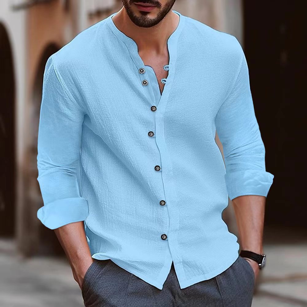 Men's Cotton and Linen Casual Button Long Sleeve Shirt