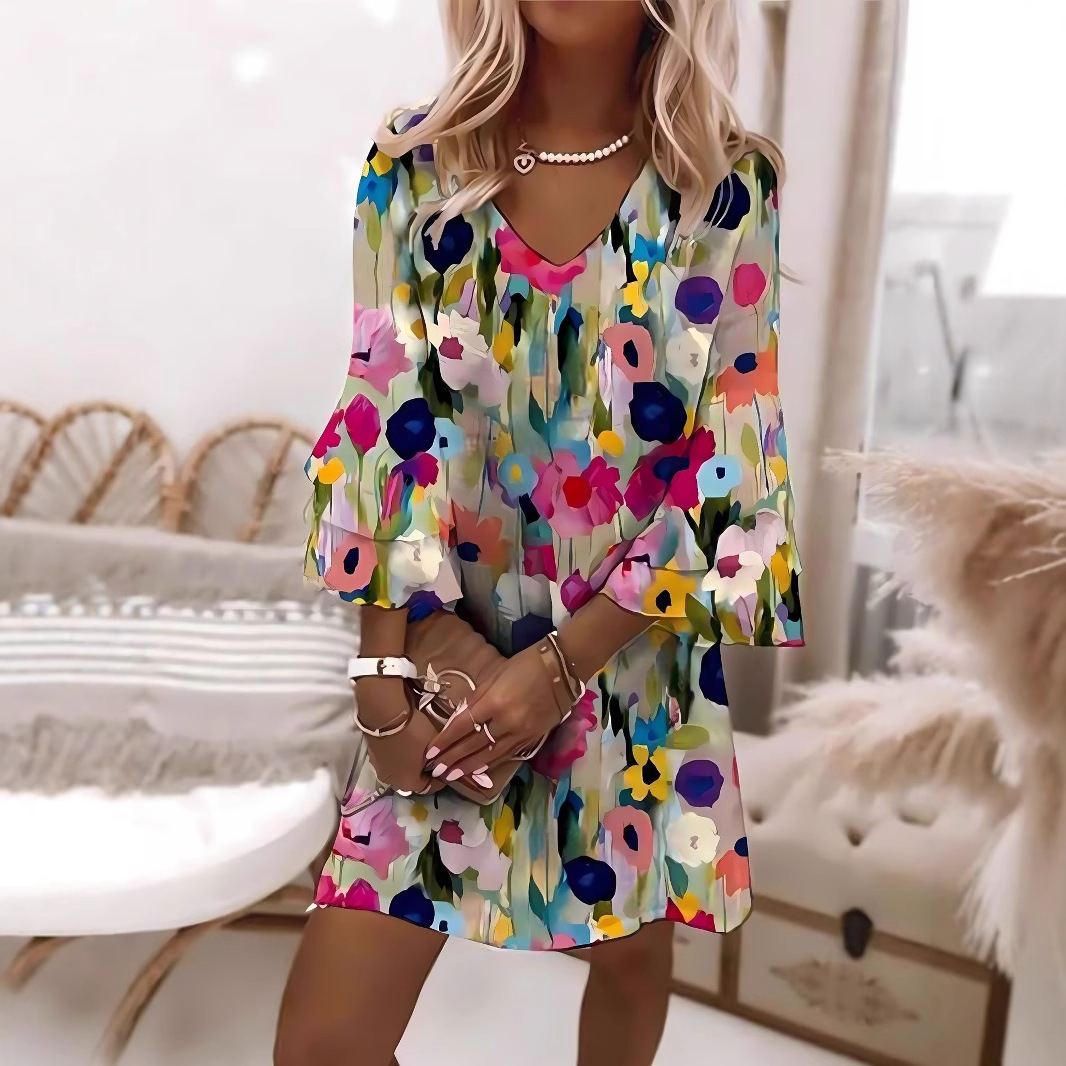 Women's Printed Casual Cotton V-Neck Dress