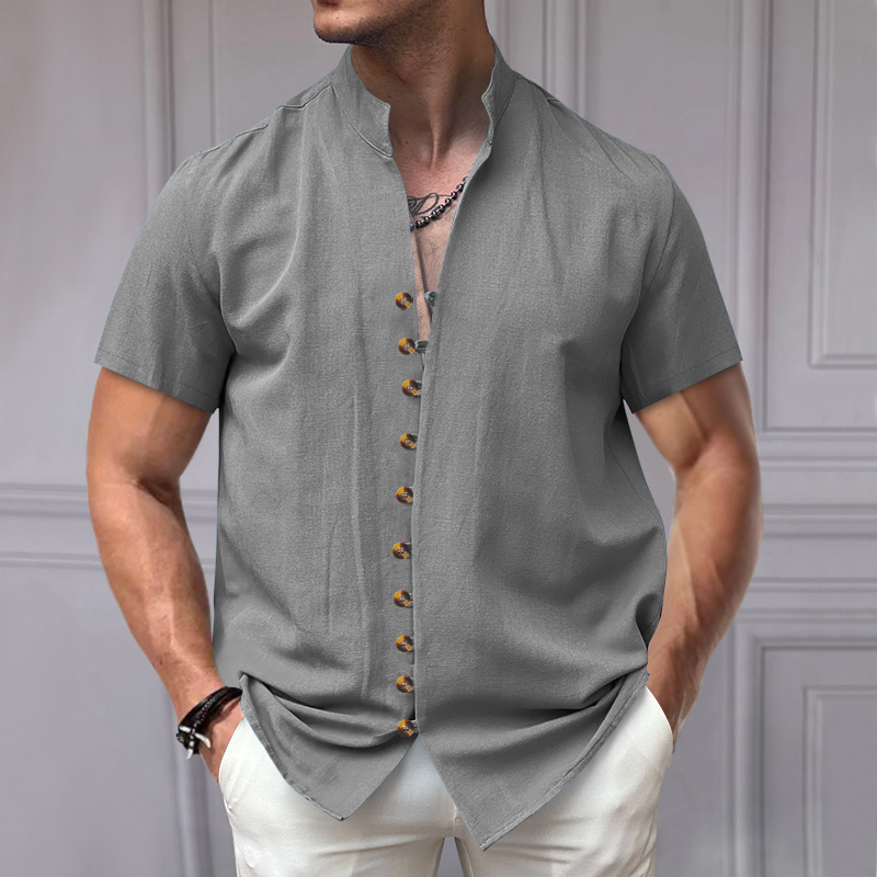 Men's Vintage Linen Button-Down Stand Collar Short Sleeve Shirt