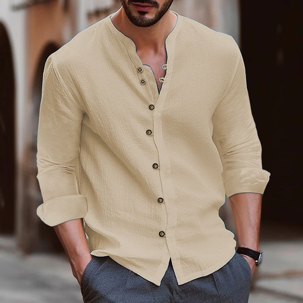 Men's Cotton and Linen Casual Button Long Sleeve Shirt