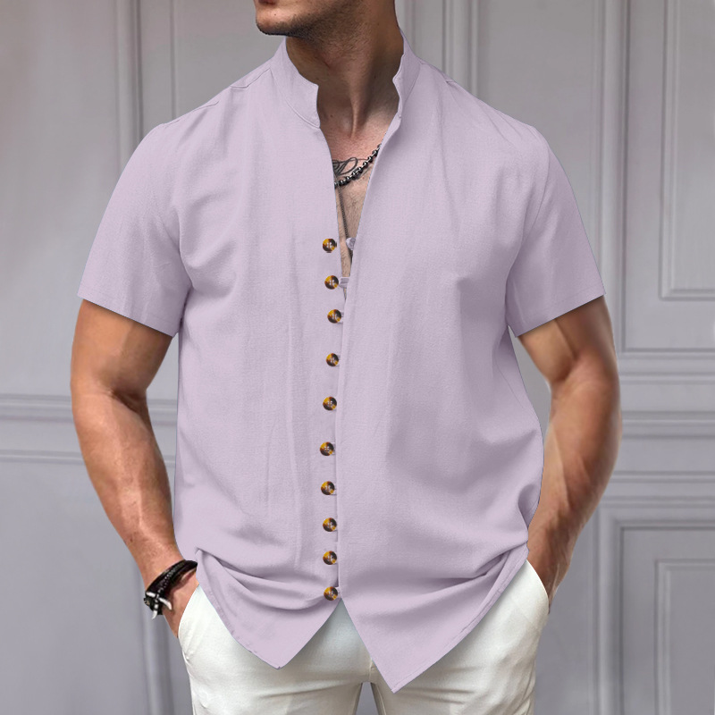 Men's Vintage Linen Button-Down Stand Collar Short Sleeve Shirt