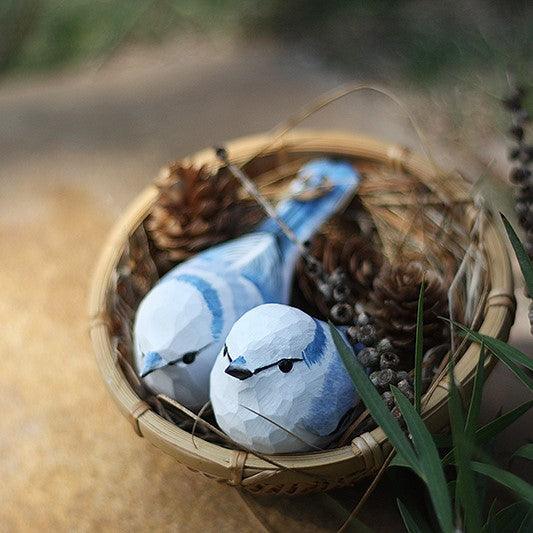 Azure tit Bird Figurines Hand Carved Painted Wooden