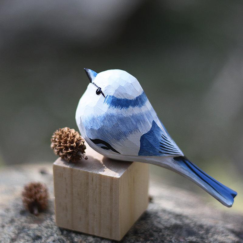 Azure tit Bird Figurines Hand Carved Painted Wooden