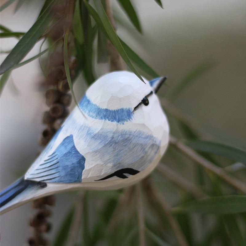 Azure tit Bird Figurines Hand Carved Painted Wooden