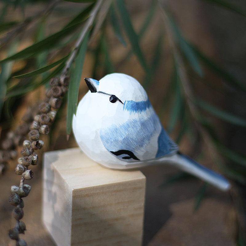 Azure tit Bird Figurines Hand Carved Painted Wooden