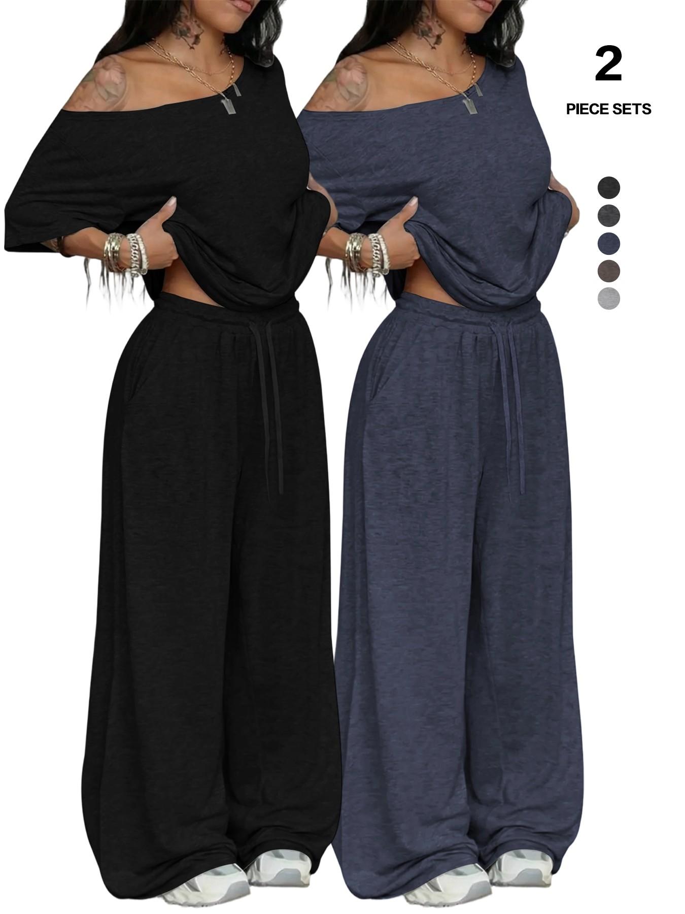 2026 Sexy off Shoulder Two Piece Set, Oversized Top & High Waist Wide Leg Pants, Summer Y2K Fashion Trend Streetwear, Lengthen Legs