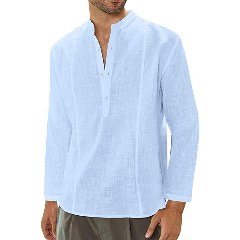 Men's Solid Color Stand Collar Shirt Long Sleeve Comfortable Casual
