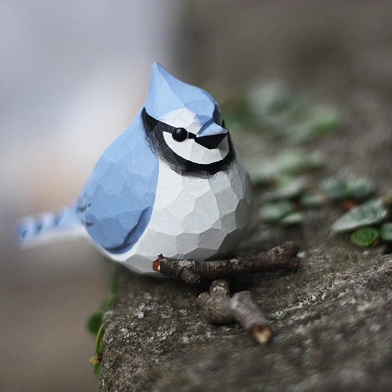 Blue Jay Bird Figurine Hand Carved Painted Wooden